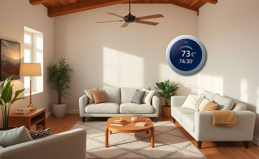 A cozy living room with a thermostat set to a comfortable temperature.