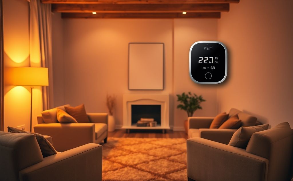 A cozy living room with a thermostat set to a warm temperature.