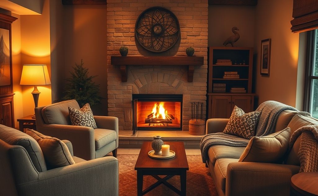 A cozy living room with a warm fireplace and comfortable seating.