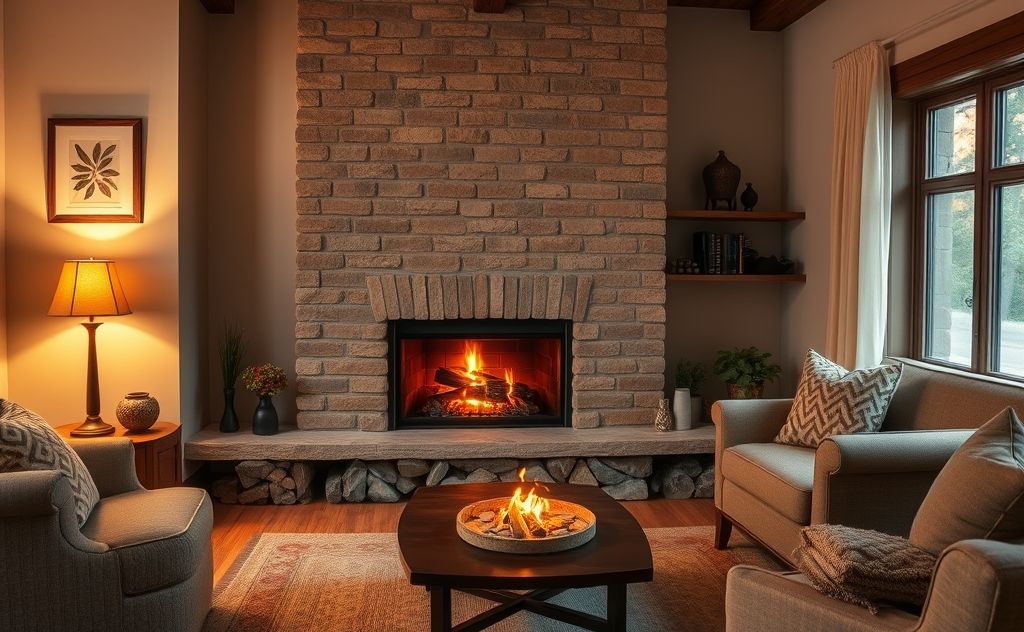 A cozy living room with a warm fireplace and glowing embers.