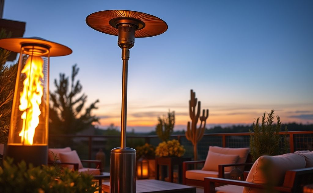 A cozy outdoor patio with a modern heater glowing warmly at dusk.