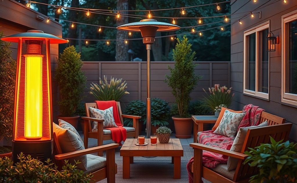 A cozy outdoor patio with a stylish electric heater glowing warmly.
