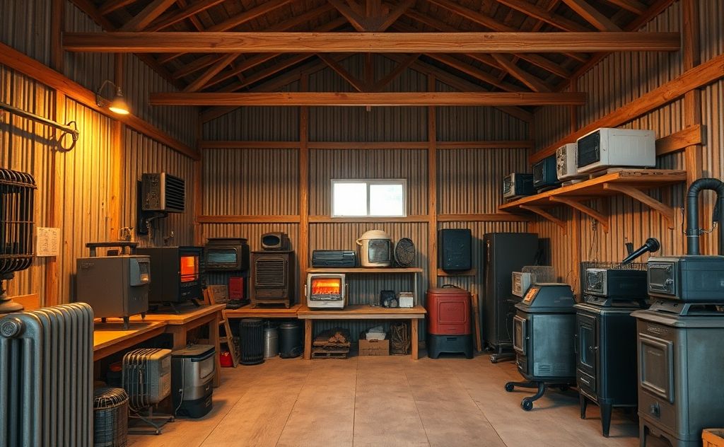 A cozy pole barn interior with various heating equipment displayed.