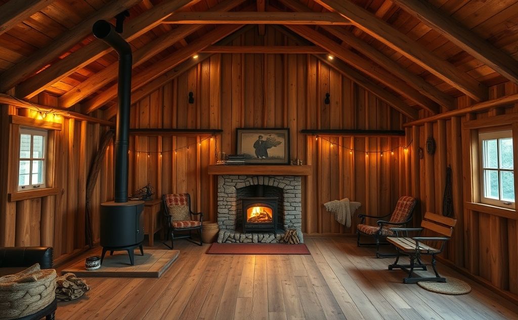 A cozy pole barn with a wood stove and warm lighting.