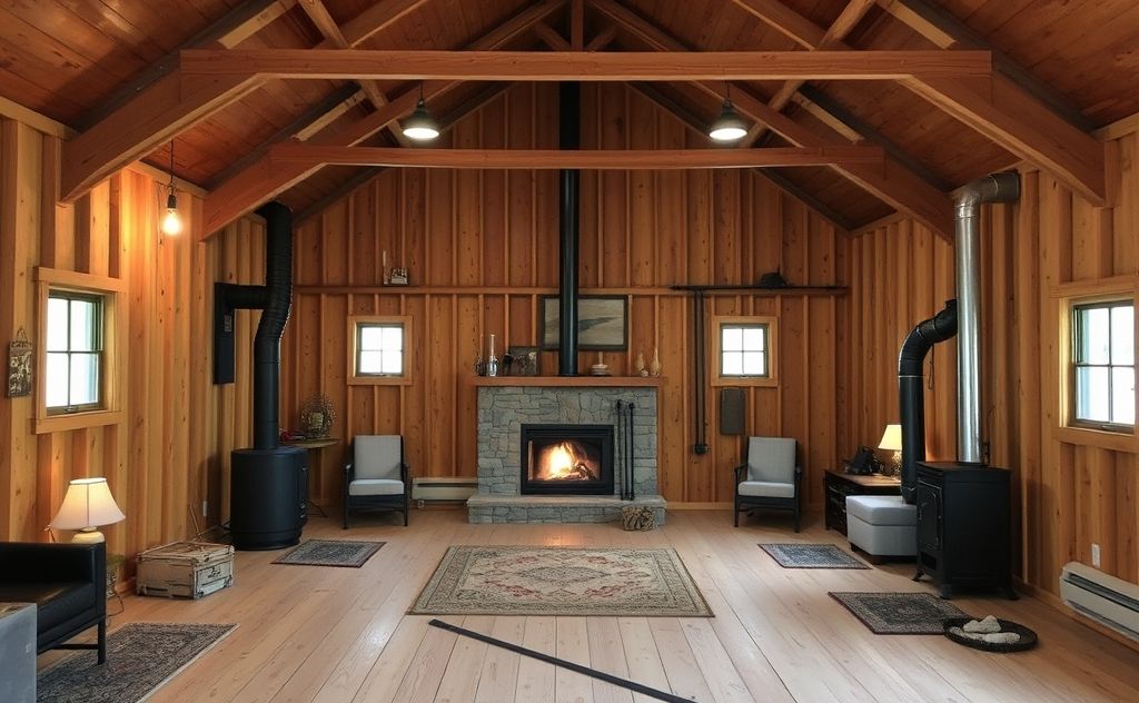A cozy pole barn with various heating systems in action.