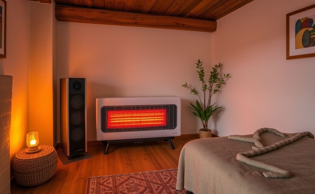 A cozy room featuring an infrared heater with warm ambiance.