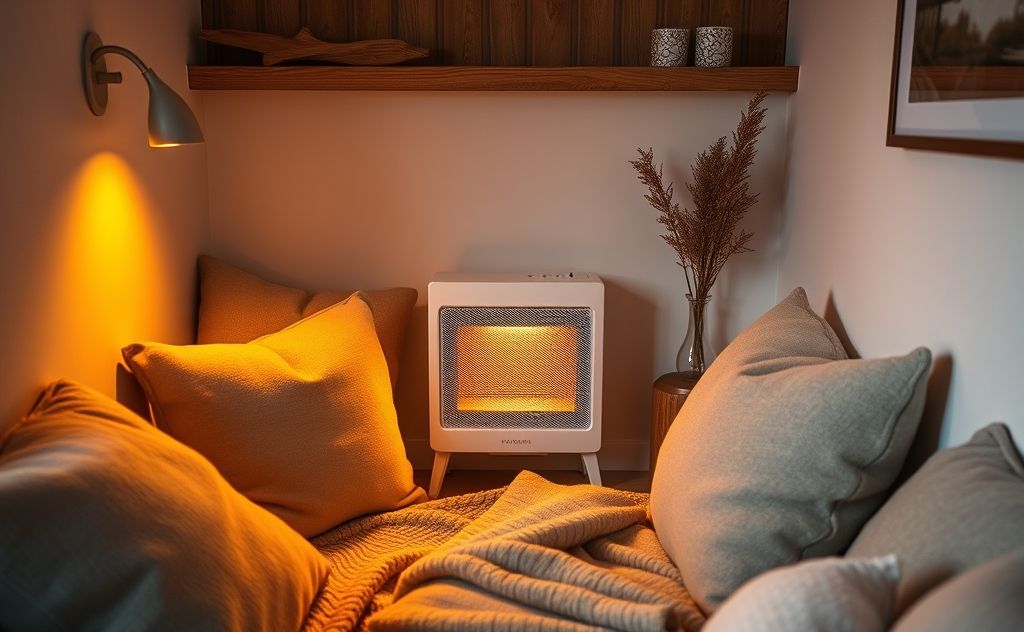 A cozy room with a modern heater and warm ambiance.