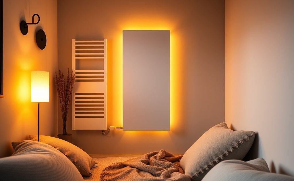 A cozy room with a modern radiator and warm ambiance.