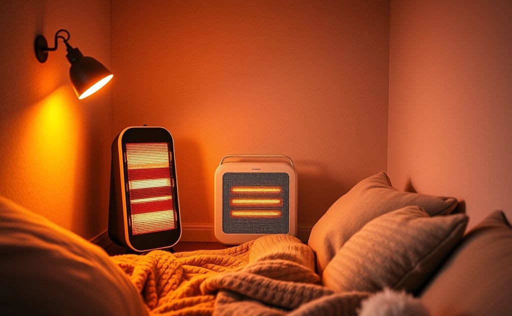 A cozy room with a modern space heater and warm lighting.