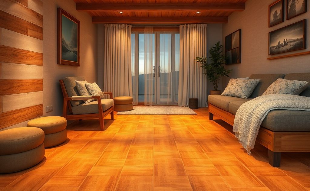 A cozy room with a radiant floor heating system and warm, glowing tiles.