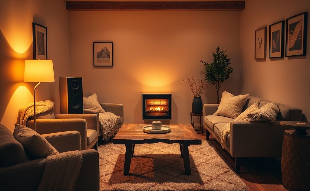 A cozy room with a stylish space heater and warm ambiance.