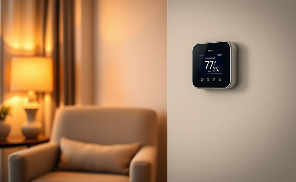 A cozy room with a thermostat displaying an ideal temperature setting.
