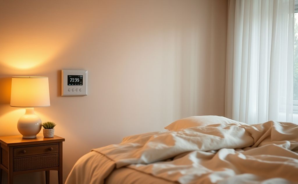 A cozy room with a thermostat set to a comfortable temperature.