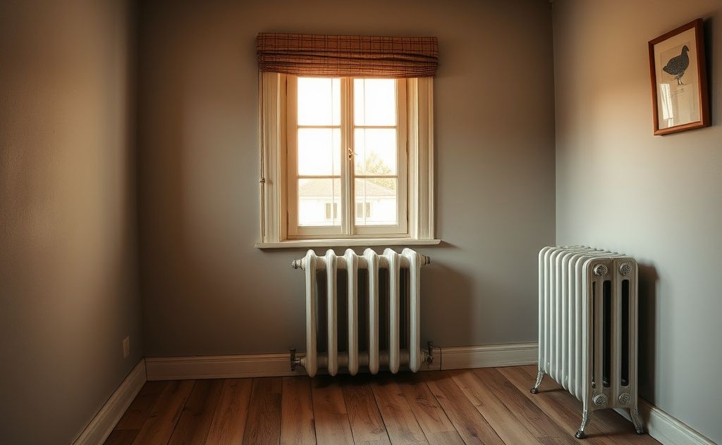 A cozy room with an oil-filled radiator providing warm light.