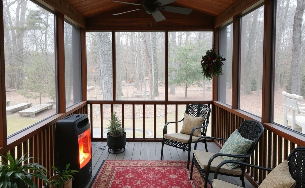 A cozy screened porch with a portable electric heater warming the space.