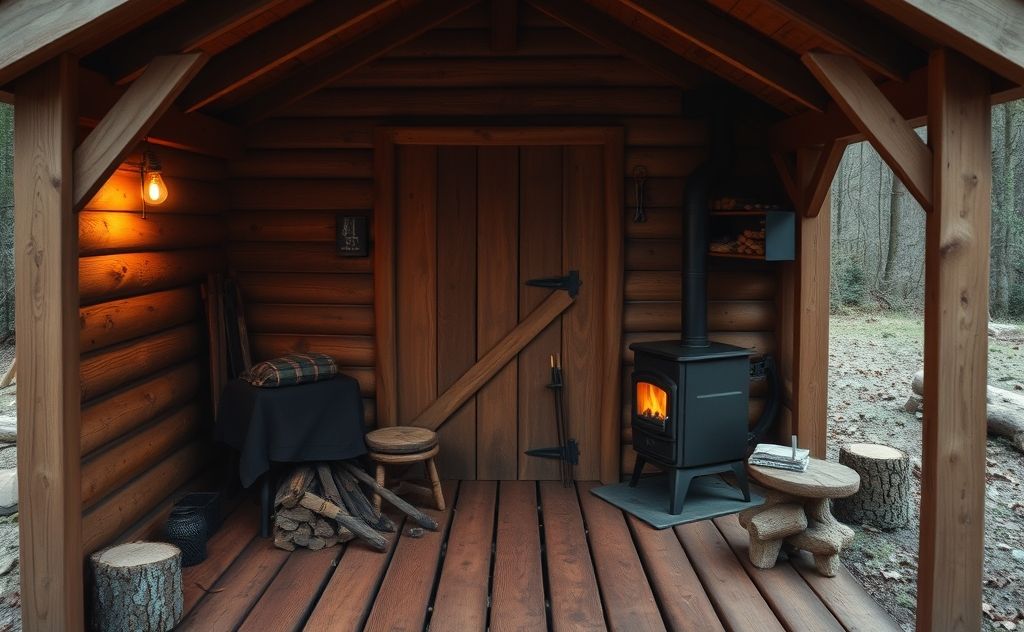 A cozy shed with a wood stove and warm light glowing inside.