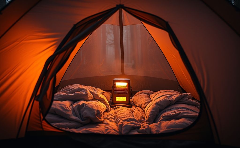 A cozy tent with an electric heater glowing warmly inside.
