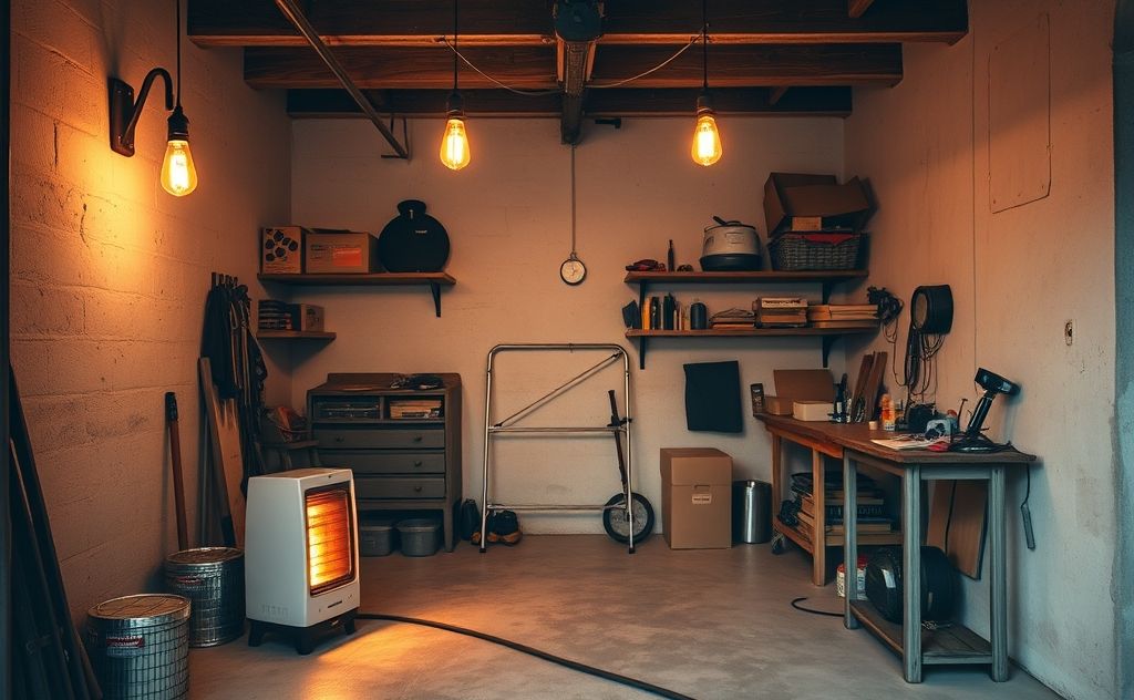A cozy uninsulated garage with a portable heater and warm lighting.