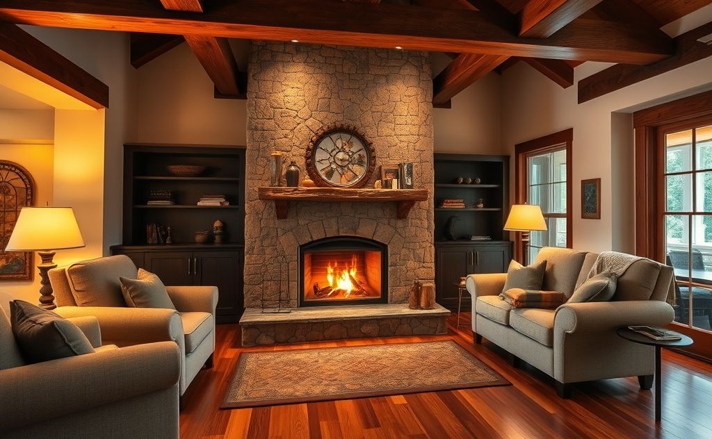 A cozy wood burning fireplace enhances home beauty.