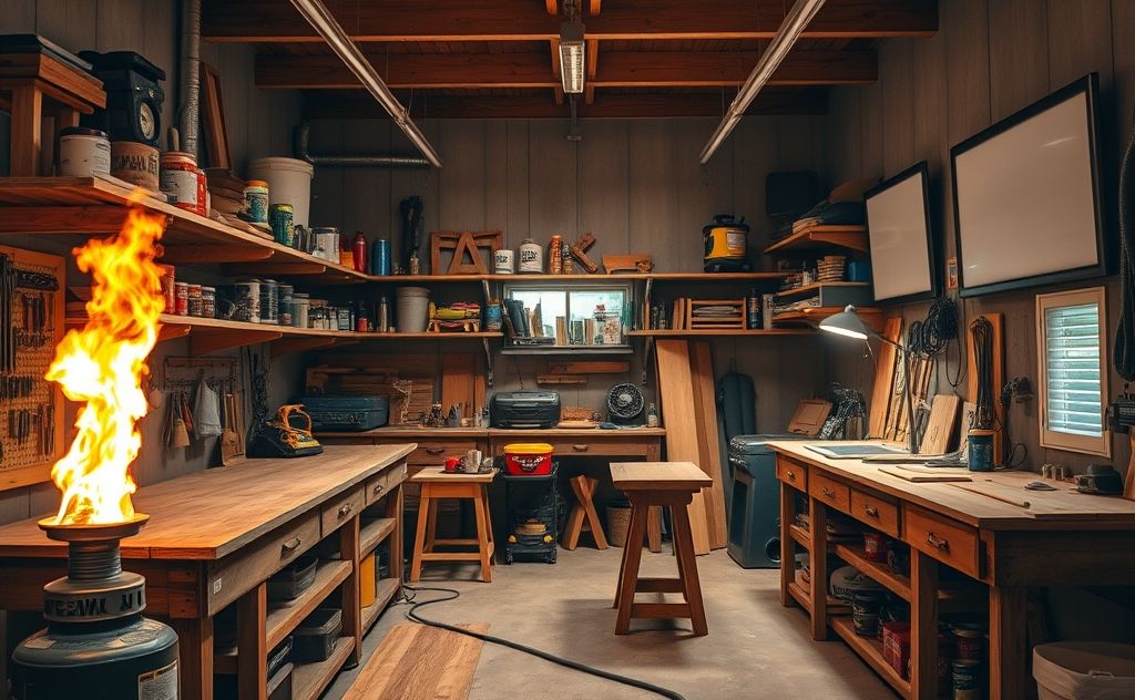 A cozy workshop with propane and electric heating systems.