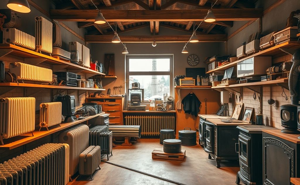 A cozy workshop with various heating solutions displayed.
