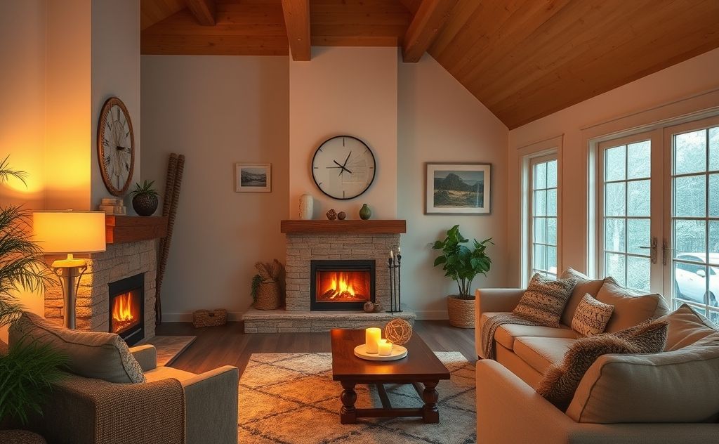 A cozy, energy-efficient home with a warm glow from a fireplace.