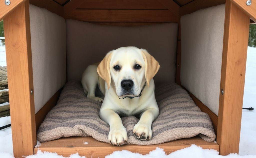 A cozy, insulated dog house with a warming system inside.