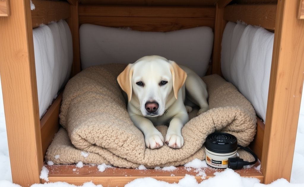 A cozy, insulated dog house with warm bedding and a heat source.