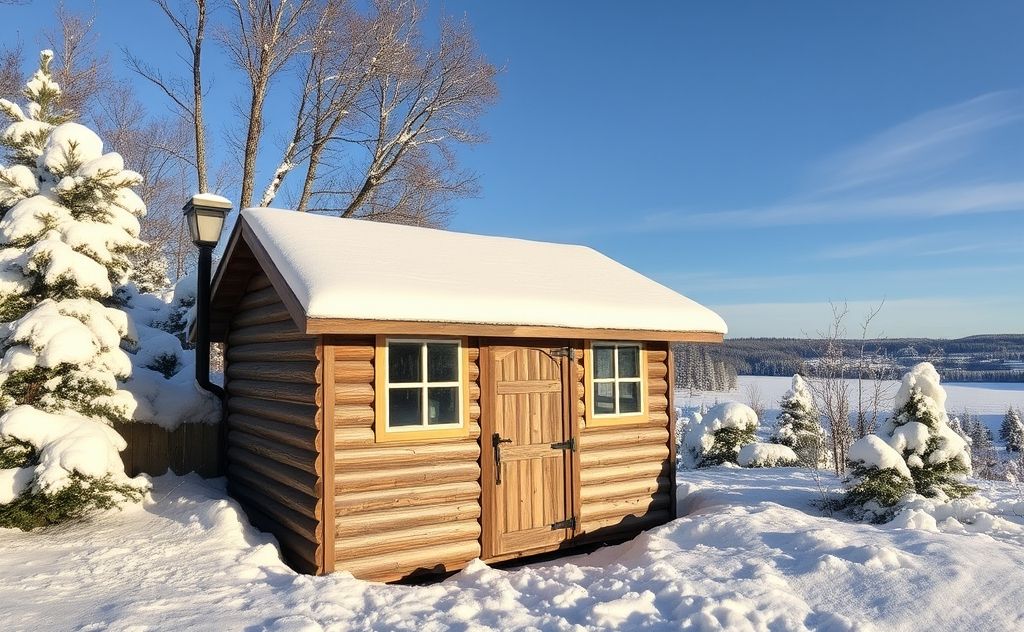 A cozy, insulated shed surrounded by winter scenery.