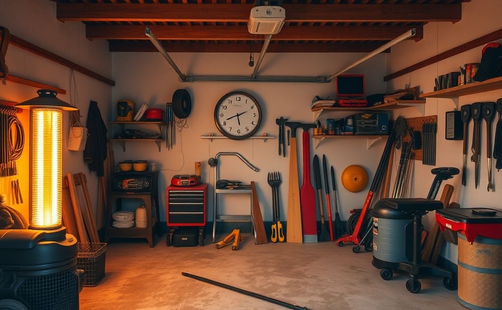 A cozy, warm garage with a heater and tools neatly arranged.