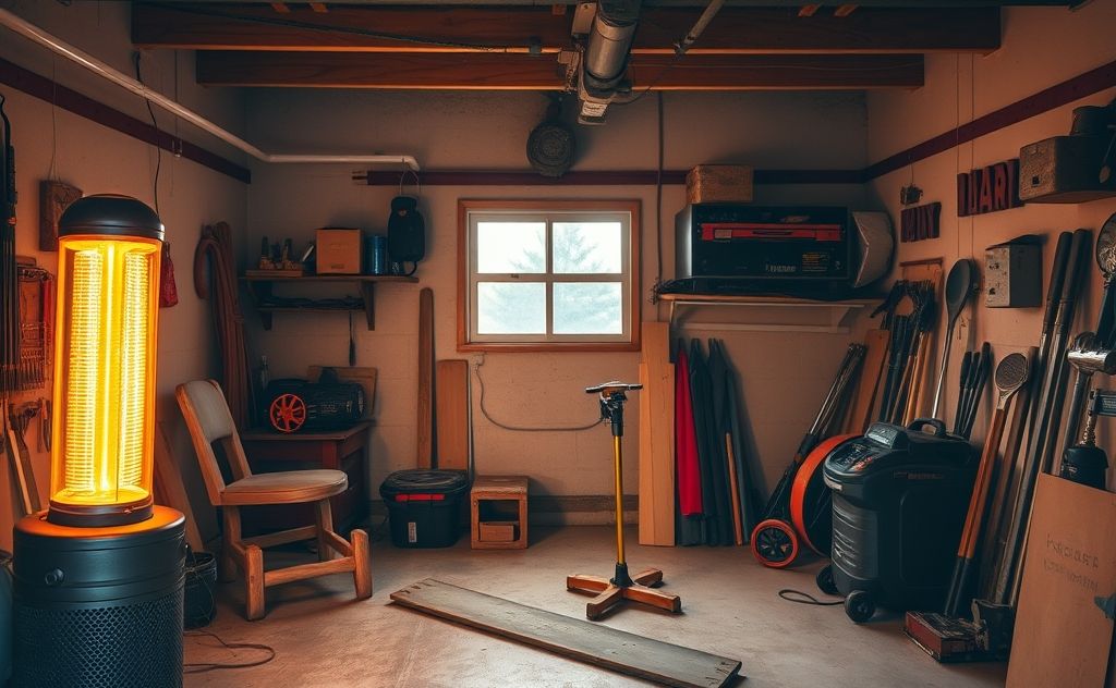 A cozy, warm garage with a heater and tools visible inside.