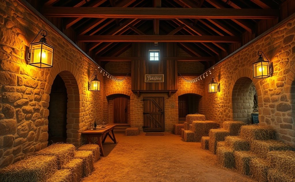 A cozy, well-insulated barn with warm lighting and hay bales.