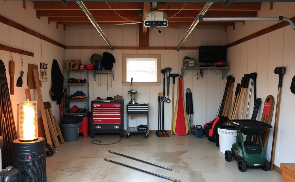 A cozy, well-insulated garage with a heater and tools organized inside.