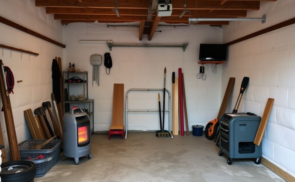 A cozy, well-insulated garage with a portable heater and tools.
