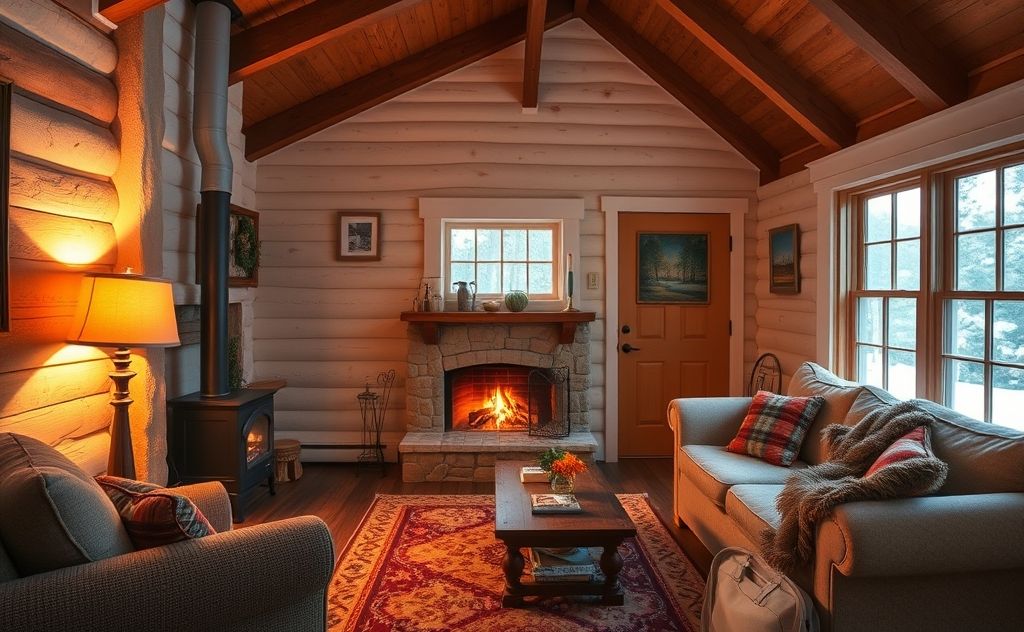 A cozy, well-insulated home with a warm glow from a fireplace.
