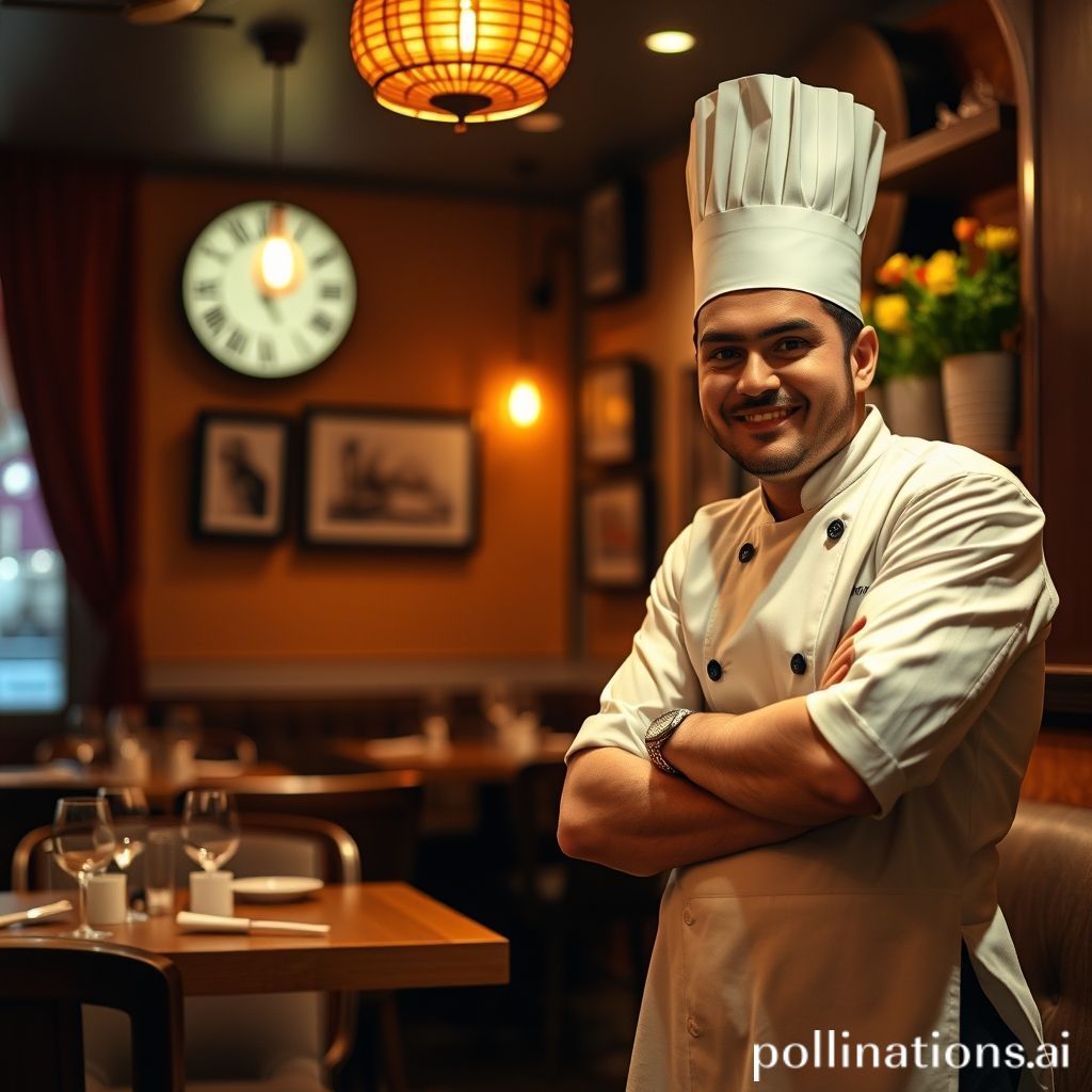 Cozy Indian restaurant in Perth at night, with chef and guest resembling a young Hollywood actor
