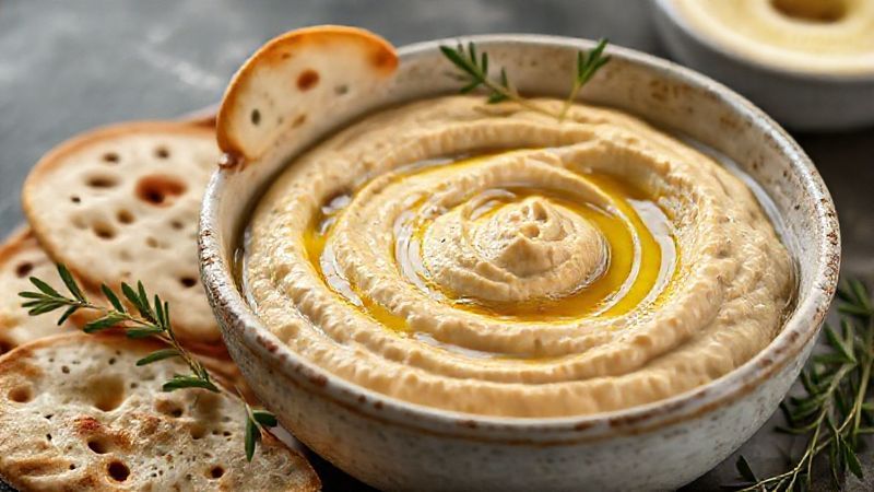 صحن حمص كريمي مع زيت الزيتون