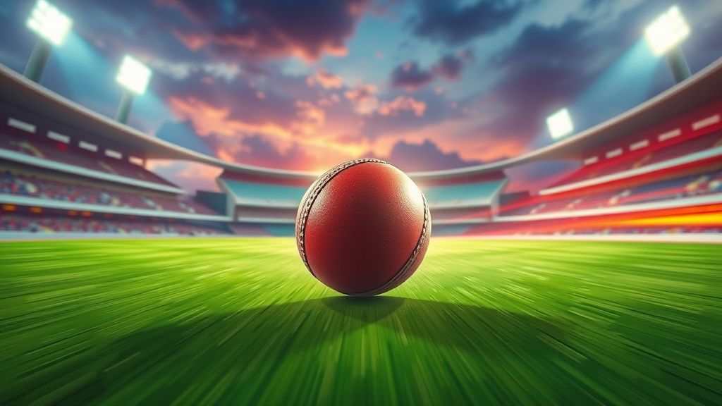 Animated cricket stadium with zooming ball and motion graphics