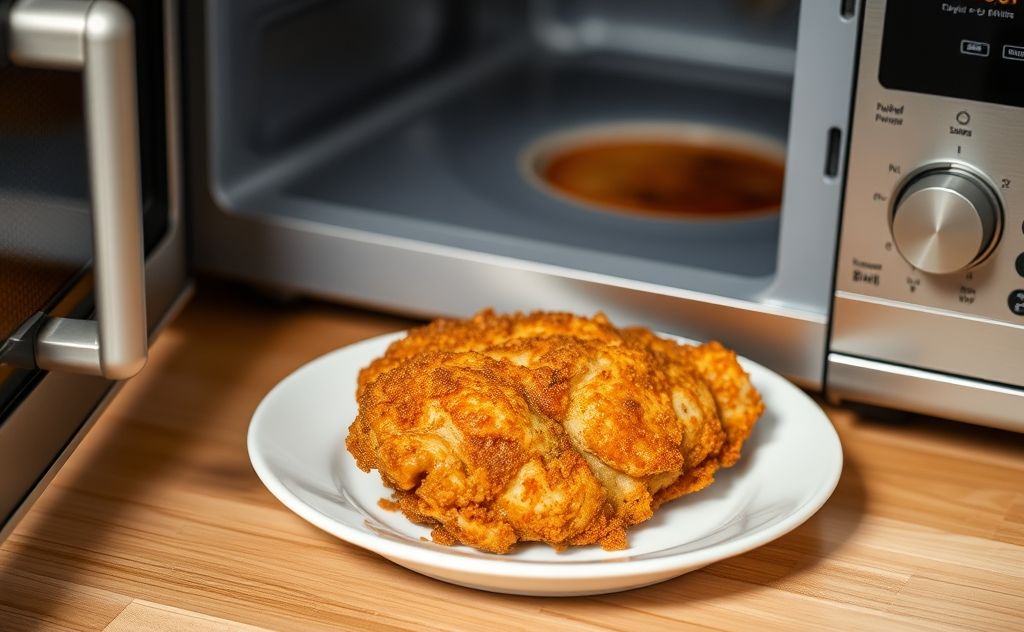 A crispy KFC chicken piece on a plate next to a microwave.