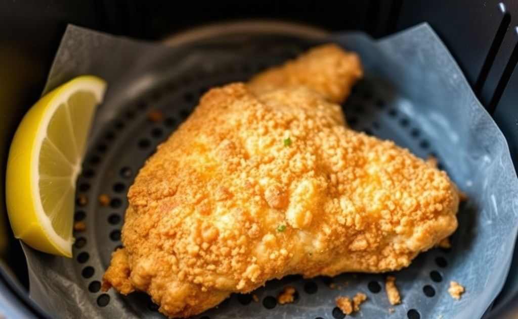 A crispy fried chicken piece in an air fryer basket.