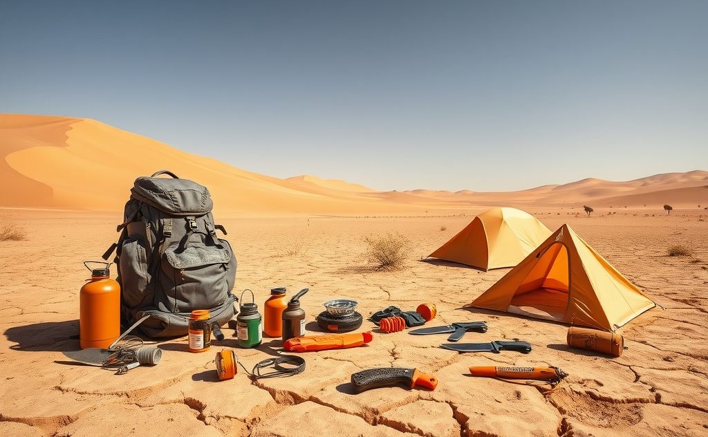 A desert landscape with essential survival gear scattered around.