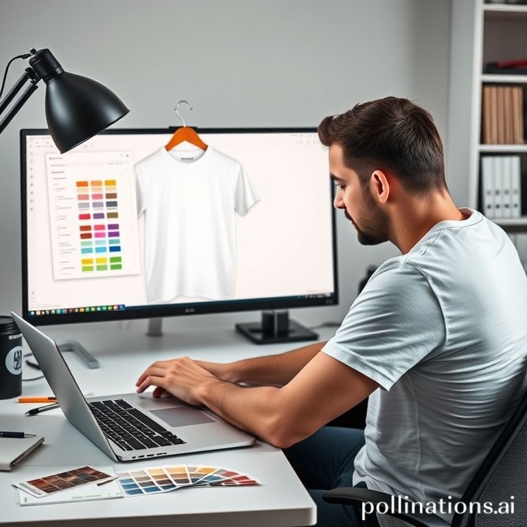 Desainer mengerjakan mockup kaos di meja kerja