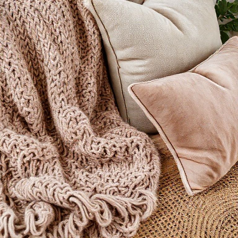 detailed description: A close-up collage of textiles including a knitted throw, linen cushions, a velvet pillow, and a jute rug, with greenery nearby.