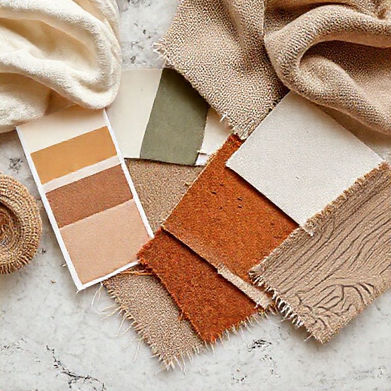 detailed description: A color palette and material samples arranged on a table, featuring cream, taupe, sage, terracotta, linen, wool, and oak textures.