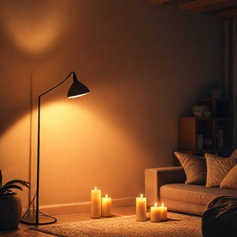 detailed description: A layered lighting setup with a floor lamp, table lamp, and ambient ceiling light, plus candles and soft shadows creating a cozy mood.
