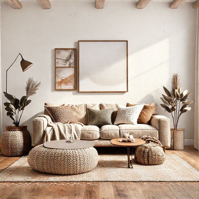 detailed description: A mood-board style image showing warm neutrals, soft textiles, and a plush sofa, inviting a beginner to visualize a cozy living room design.