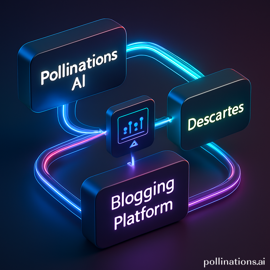 diagrama de flujo mostrando la conexión entre Pollinations AI, Descartes y la plataforma de blogging