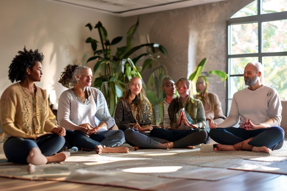 A diverse group of adults practicing mindfulness together in a calm, comfortable setting