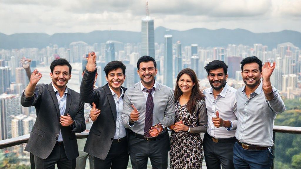一群成功的企业家在香港城市景观背景下庆祝商业里程碑，展现客户评价和全球成功