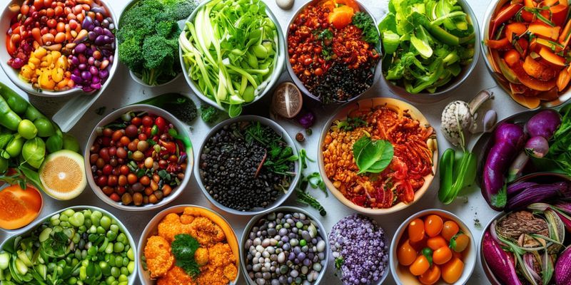 Colorful vegan foods, fermented items, gut-healthy ingredients